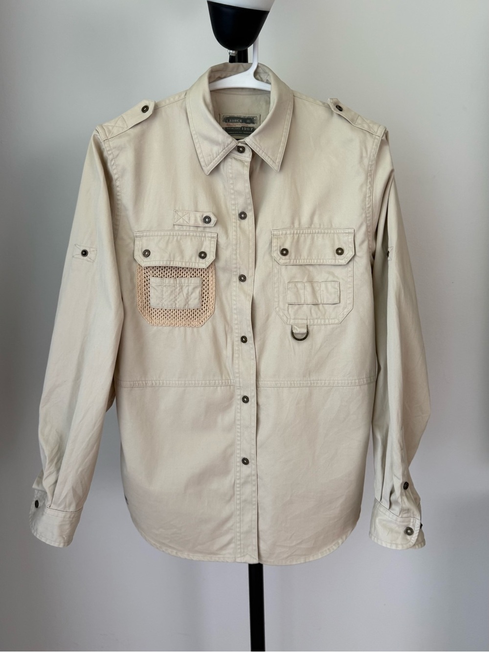 Lauren Ralph Lauren Women’s Petite Small Utility Safari Shirt Beige Snap Front